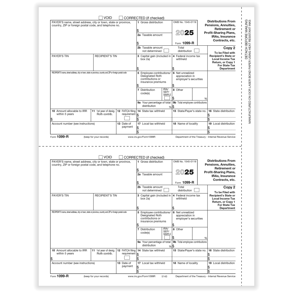 ComplyRight 1099-R Tax Forms, 2-Up, Copy 2/1, 8-1/2in x 11in, Pack Of 100 Forms