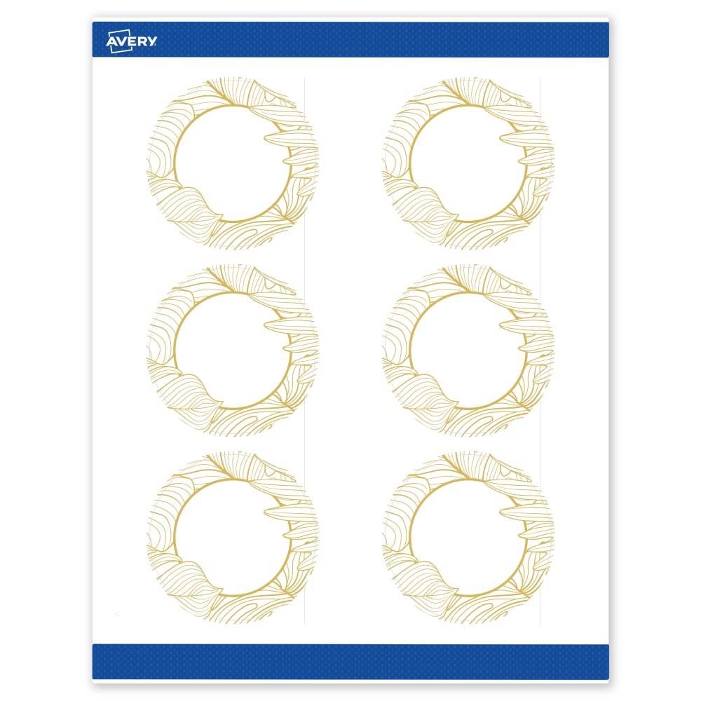 Avery Printable Labels With Sure Feed Technology, S00-EVZ, Round, 3in, Matte White With Preprinted Gold Leaf Pattern, Pack Of 60