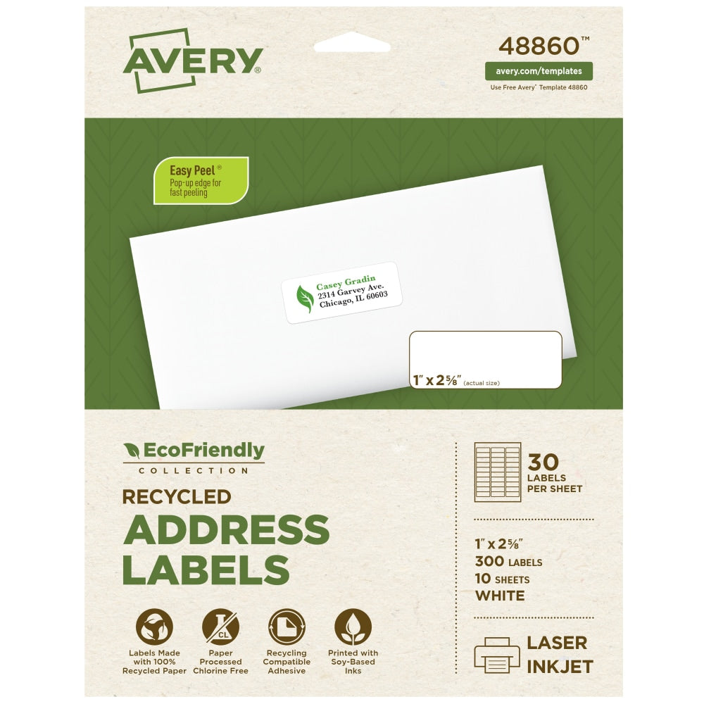 Avery EcoFriendly Recycled Labels, Rectangle, 1in x 2-5/8in, Matte White, Pack Of 300