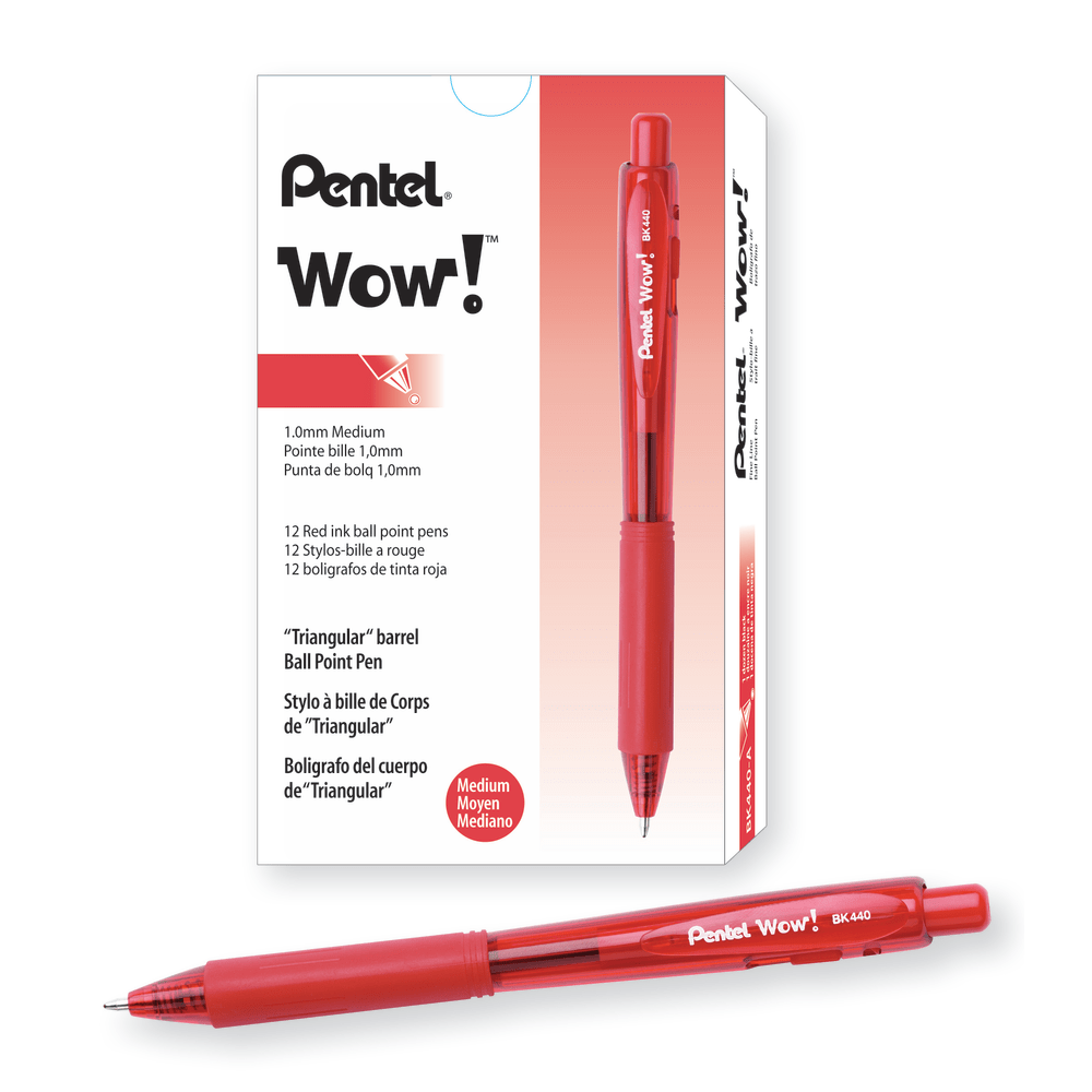 Pentel WOW! Retractable Ballpoint Pens, Medium Point, 1.0 mm, Transparent Red Barrels, Red Ink, Pack Of 12