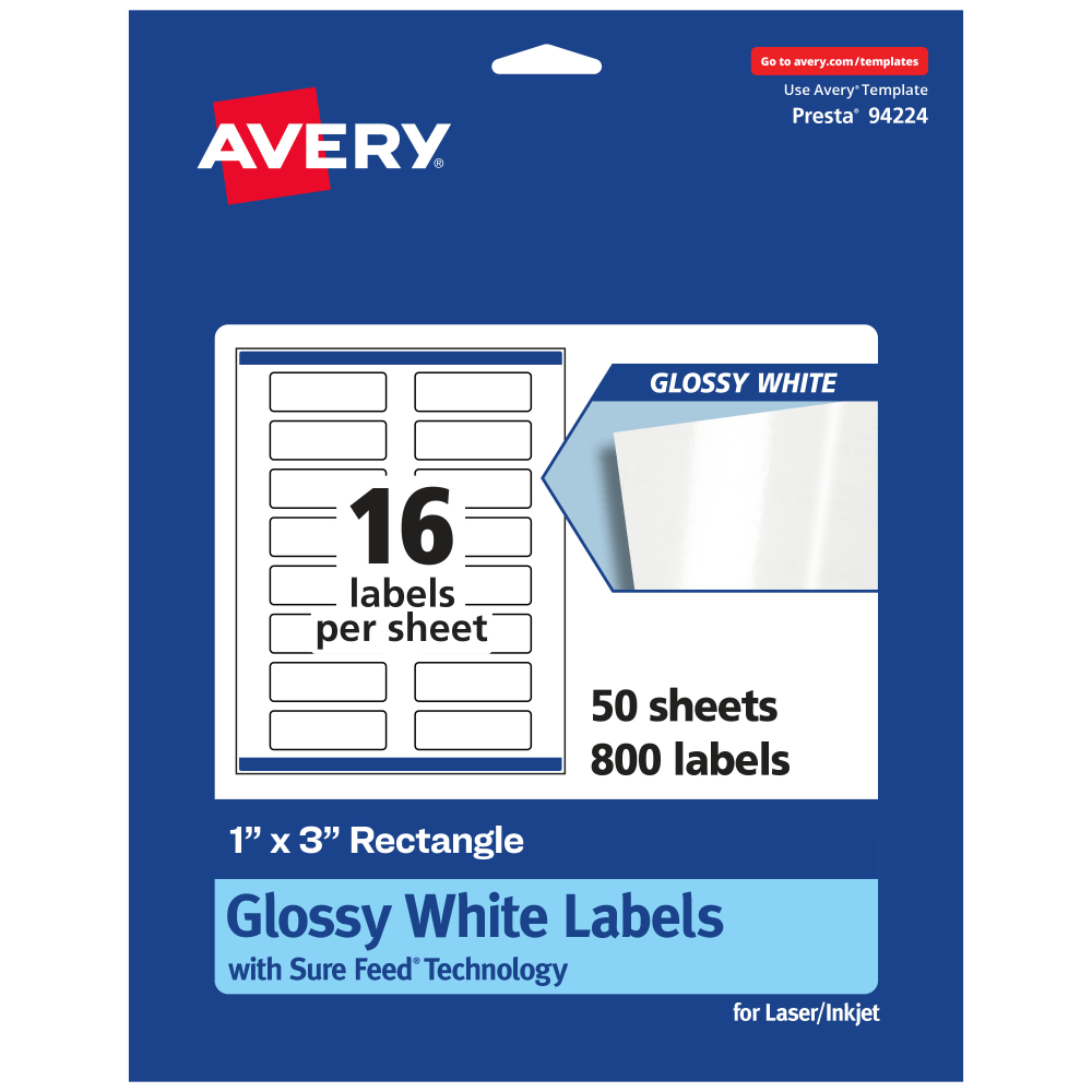 Avery Glossy Permanent Labels With Sure Feed, 94224-WGP50, Rectangle, 1in x 3in, White, Pack Of 800