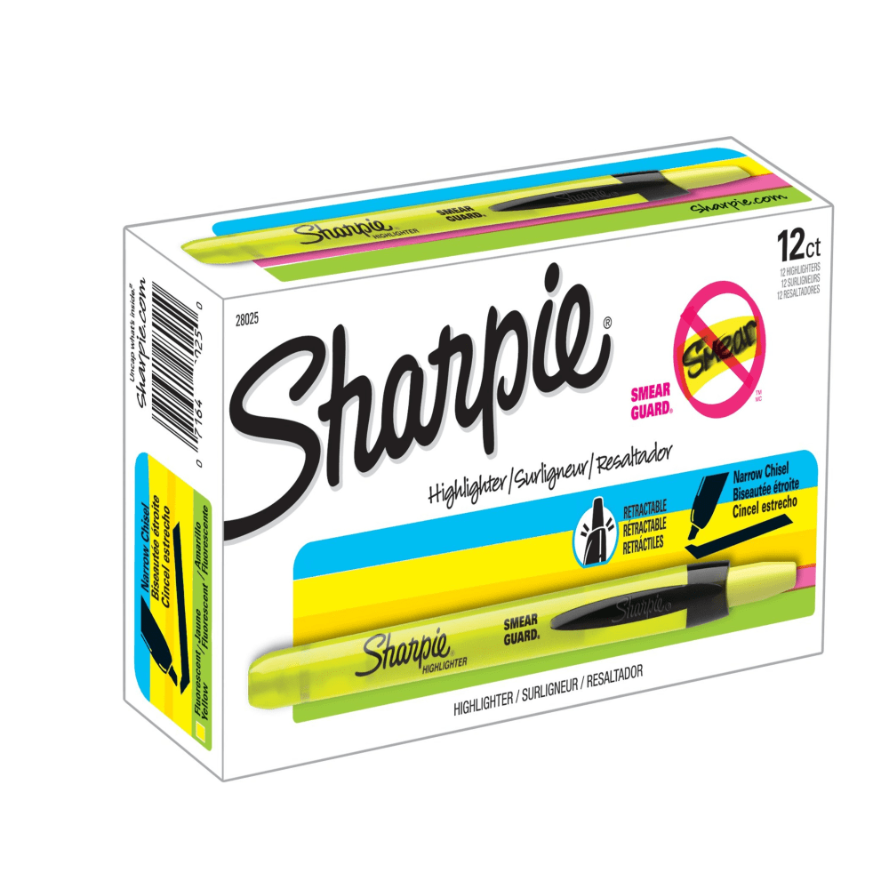 Sharpie Retractable Highlighters, Fluorescent Yellow, Pack Of 12