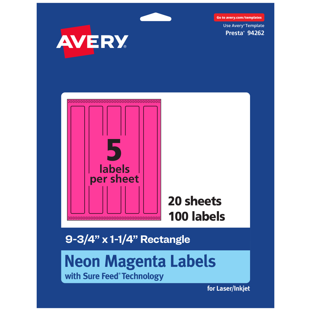 Avery Print-To-The-Edge Labels With Sure Feed Technology, 94262-NMP20, Rectangle, 9-3/4in x 1-1/4in, Matte Neon Magenta, Pack of 100