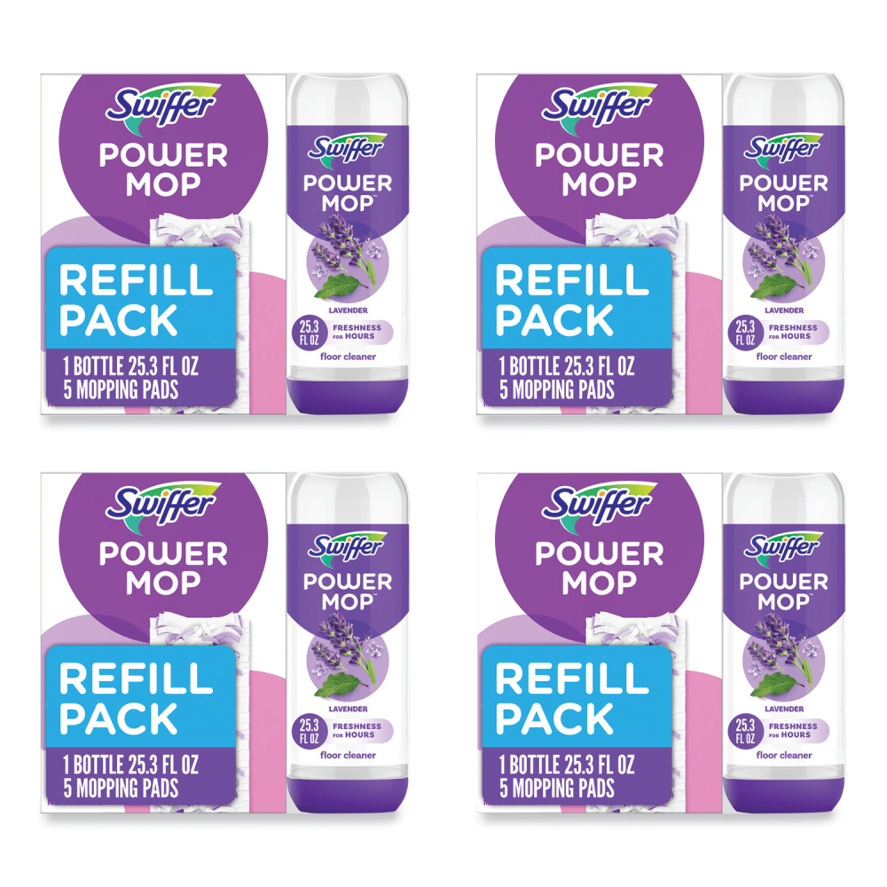 Swiffer PowerMop Cleaning Solution and Pads Refill Pack, Lavender, 25.3 oz Bottle and 5 Pads per Pack, 4 Packs/Carton
