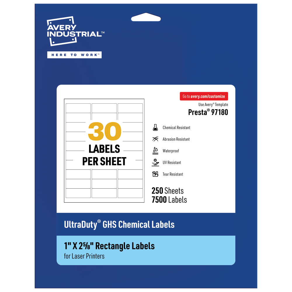 Avery Ultra Duty Permanent GHS Chemical Labels, 97180-WMU250, Rectangle, 1in x 2-5/8in, White, Pack Of 7,500