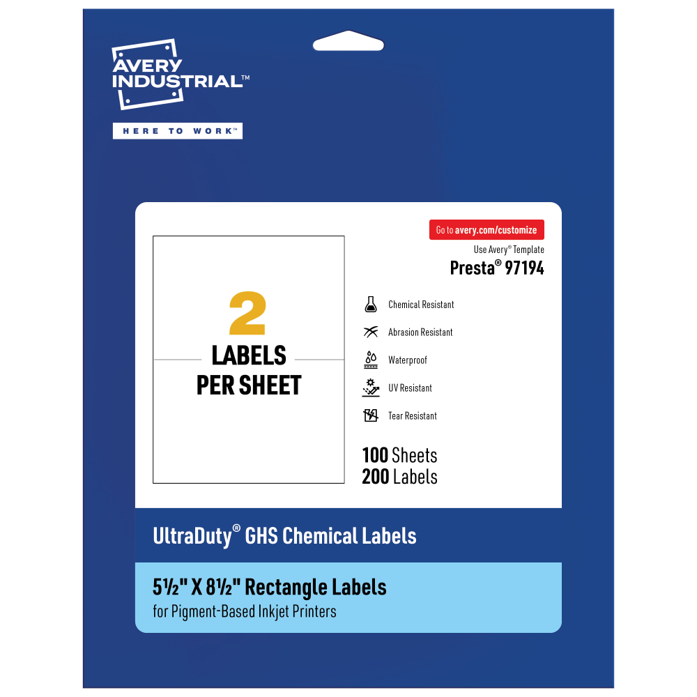 Avery Ultra Duty Permanent GHS Chemical Labels, 97194-WMUI100, Rectangle, 5-1/2in x 8-1/2in, White, Pack Of 200
