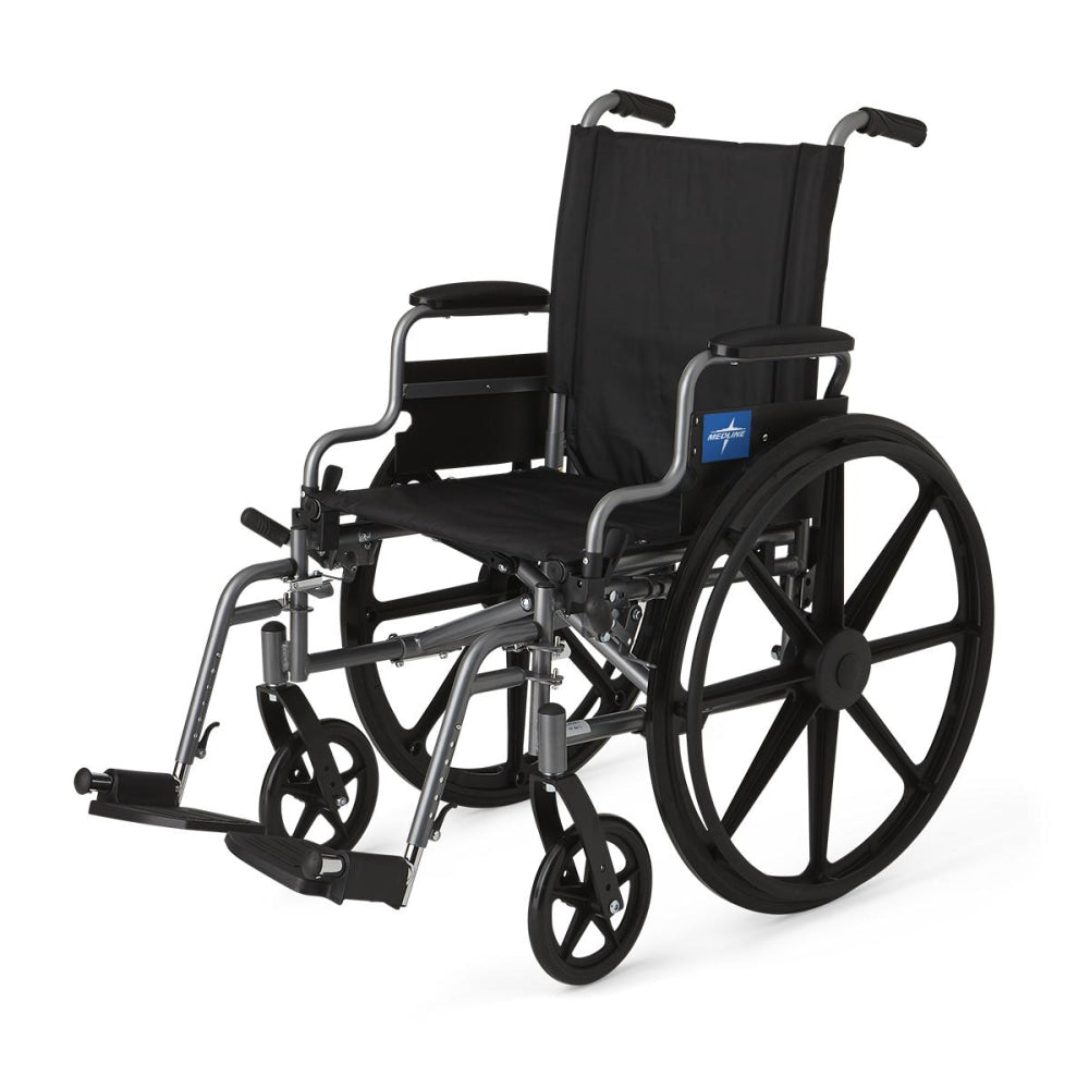 Medline K4 Folding Wheelchair, Lightweight And User-Friendly, With Flip-Back Desk Arms And Swing-Away Leg Rests, 33inH x 33inW x 12inD, Black/Gray
