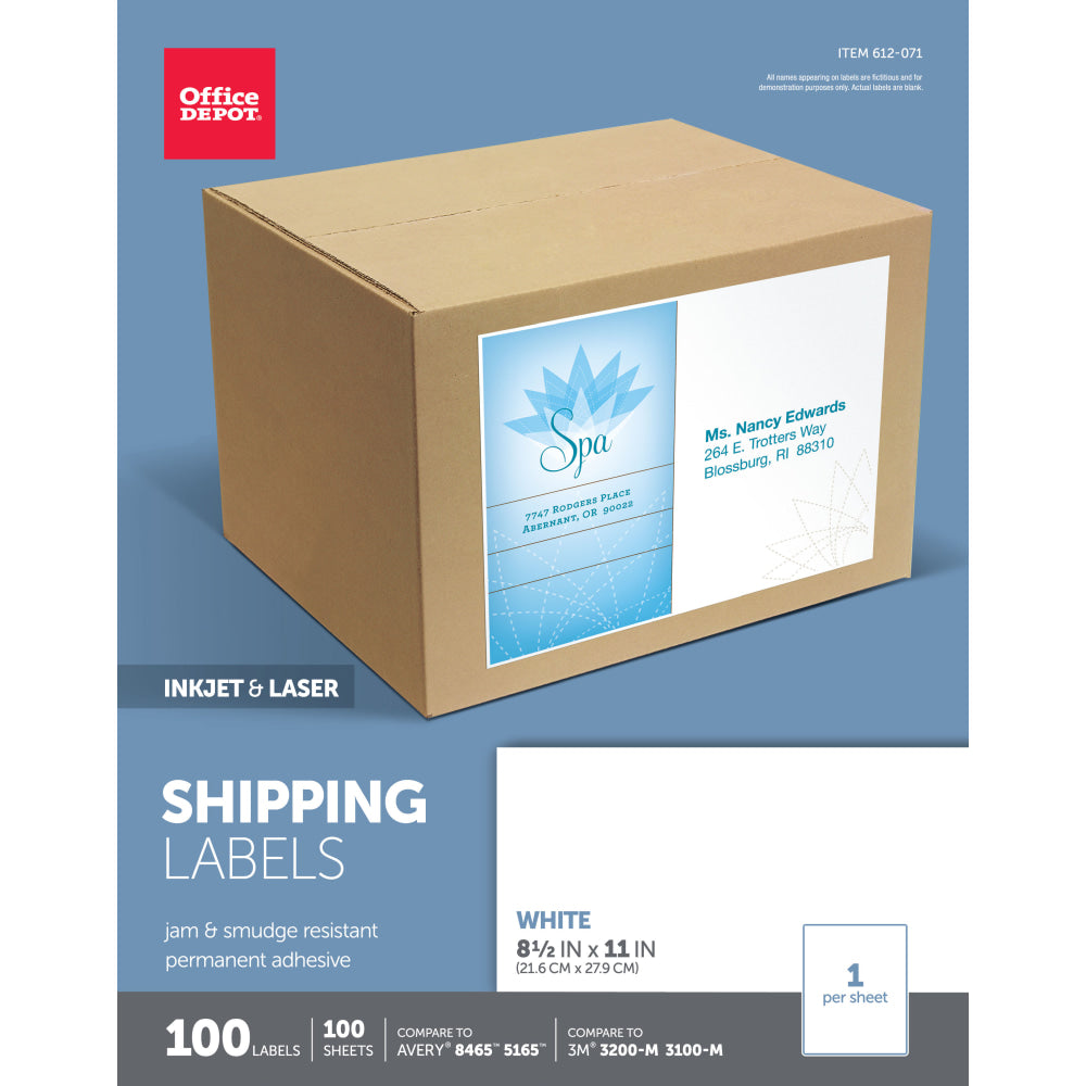 Office Depot Brand Inkjet/Laser Shipping Labels, Rectangle, 8 1/2in x 11in, Full-Sheet, White, Pack Of 100