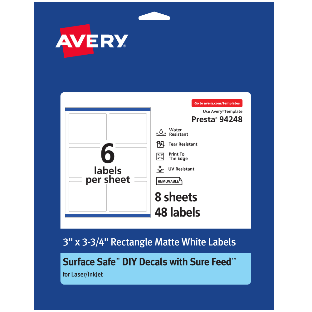 Avery Durable Removable Labels With Sure Feed, 94248-DRF8, Rectangle, 3in x 3-3/4in, White, Pack Of 48