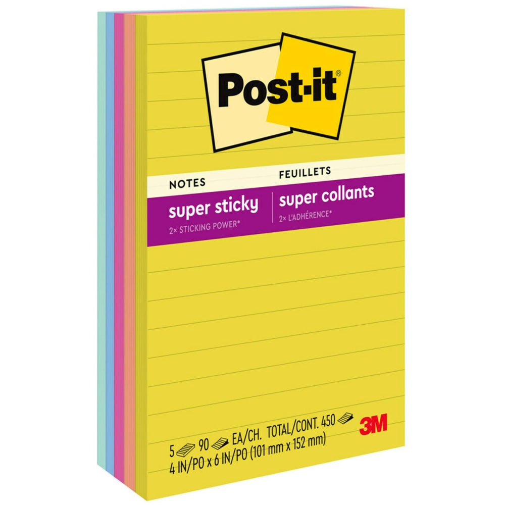 Post-it Super Sticky Notes, 4 x 6 in, 5 Lined Sticky Note Pads, 90 Sheets/Pad, 2X the Sticking Power, School Supplies and Office Products, Summer Joy