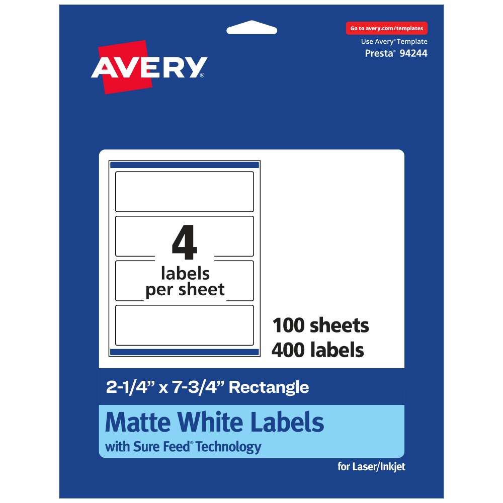 Avery Permanent Labels With Sure Feed, 94244-WMP100, Rectangle, 2-1/4in x 7-3/4in, White, Pack Of 400