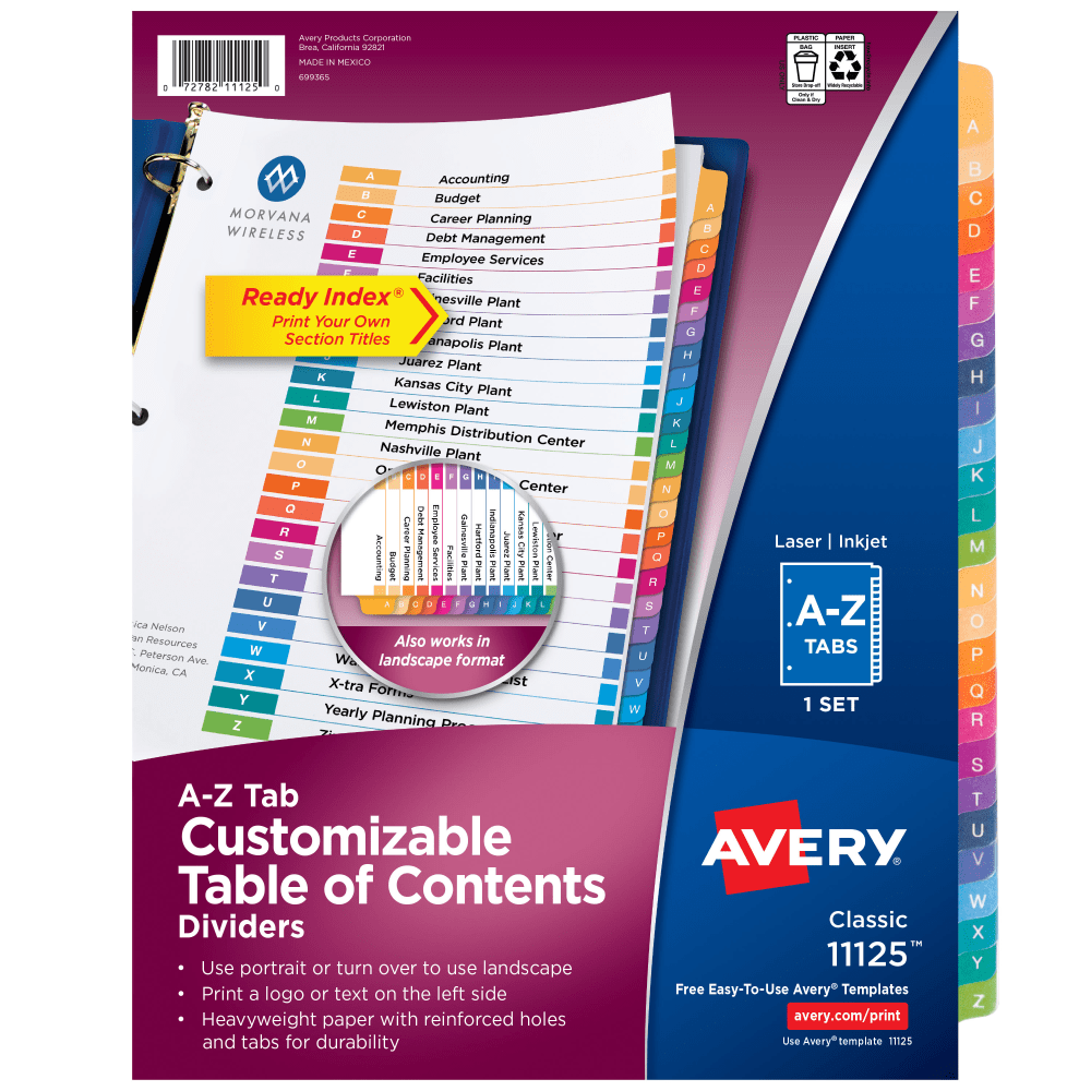 Avery Ready Index A-Z Tab With Customizable Table of Contents Binder Dividers, 8-1/2in x 11in, 26 Tab, Multicolor, 1 Set