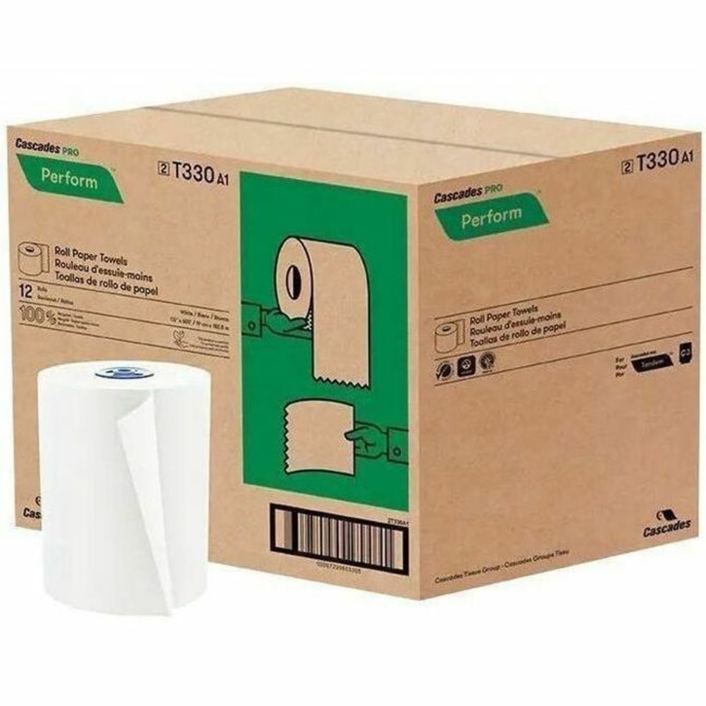Cascades PRO Perform Hardwound Roll Towels for Tandem Dispensers, 1-Ply, 7 .5in x 600 ft, White, 12/Carton