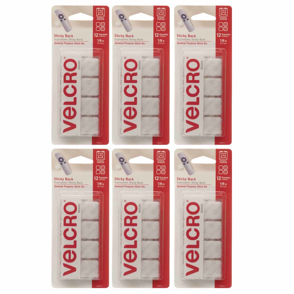 VELCRO Brand STICKY BACK Fasteners, Square, 0.88in, White, 12 Fasteners Per Pack, Set Of 6 Packs