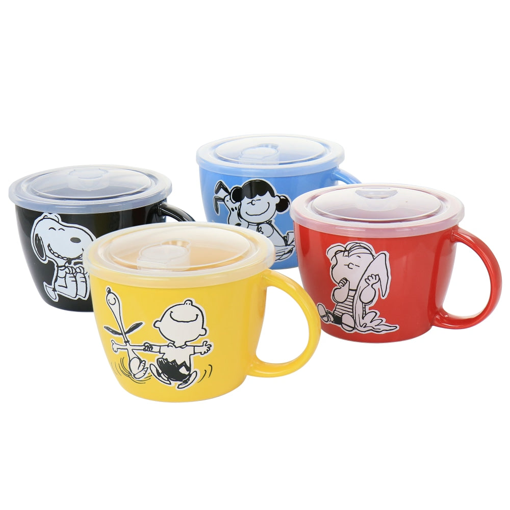Gibson Peanuts 70th Anniversary 4-Piece Stoneware Soup Bowl Set With Vented Lids, 23.5 Oz, Assorted Colors