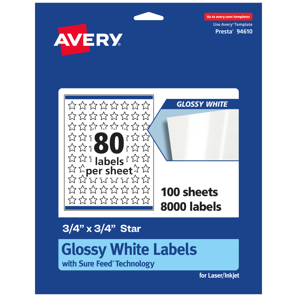 Avery Glossy Permanent Labels With Sure Feed, 94610-WGP100, Star, 3/4in x 3/4in, White, Pack Of 8,000