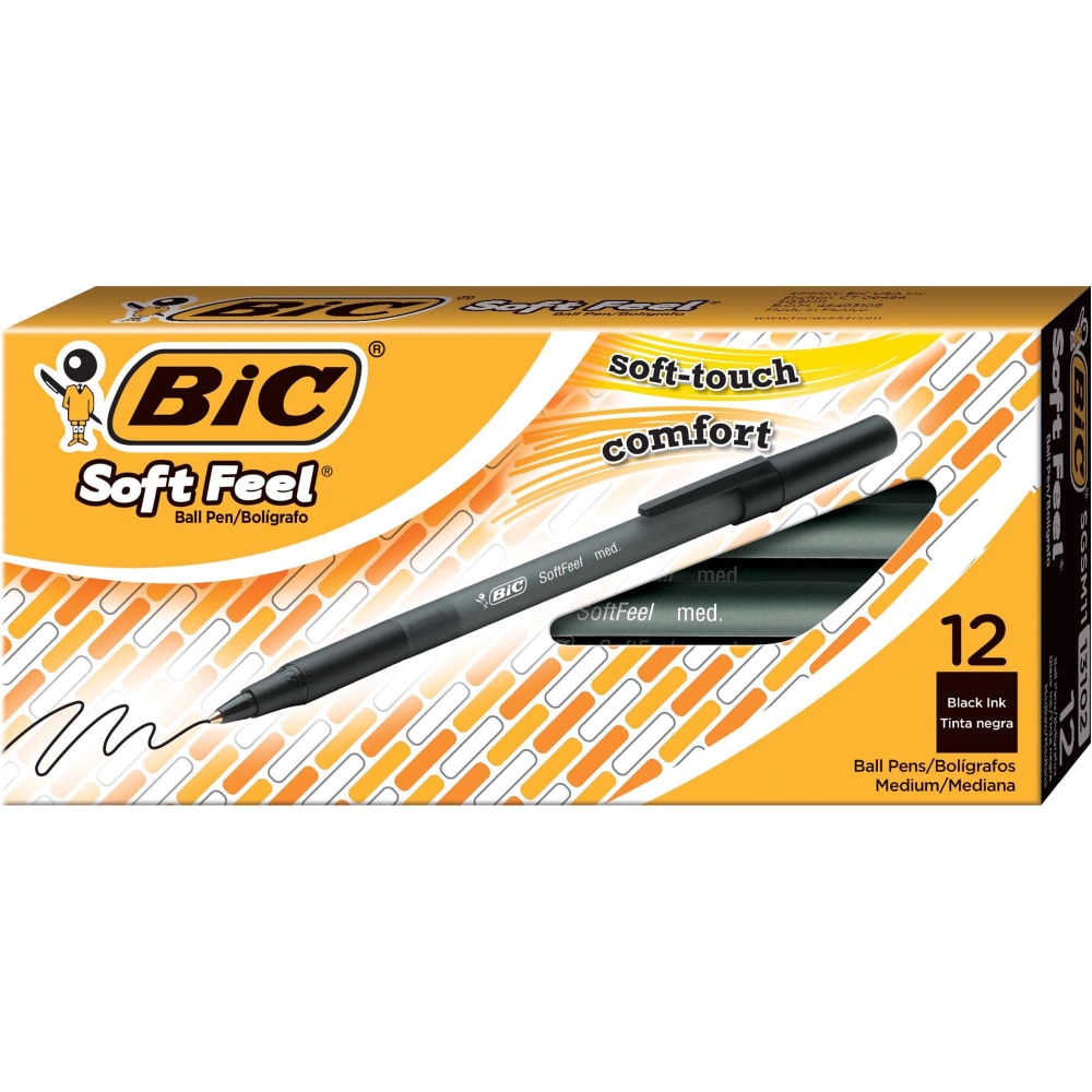 BIC Soft Feel Stick Pens, Medium Point, 1.0 mm, Black Barrel, Black Ink, Pack Of 12