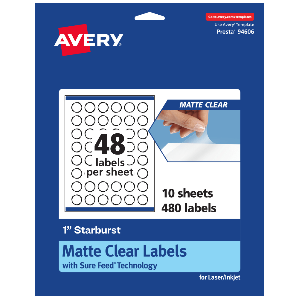 Avery Permanent Labels With Sure Feed, 94606-CMF10, Starburst, 1in, Matte Clear, Pack Of 480