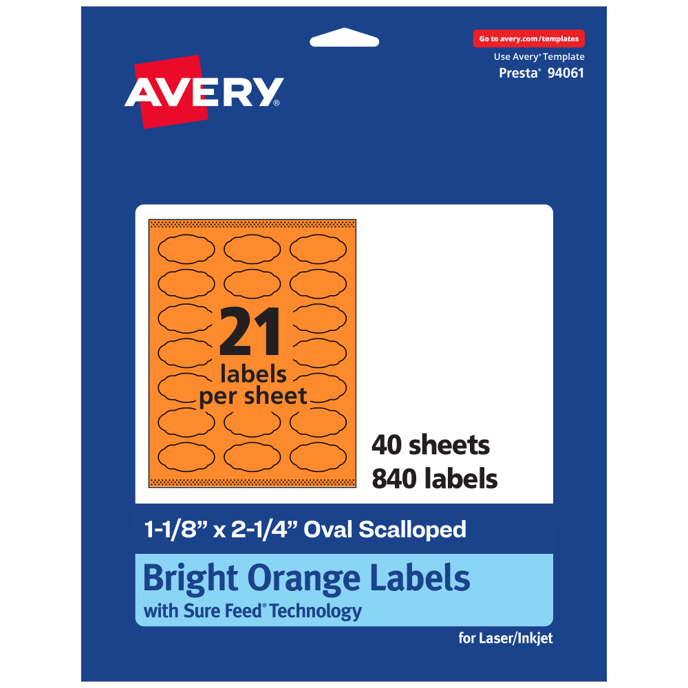 Avery Print-To-The-Edge Labels With Sure Feed Technology And Easy Peel Label Feature, 94061-BOP40, Matte Bright Orange, Pack of 840