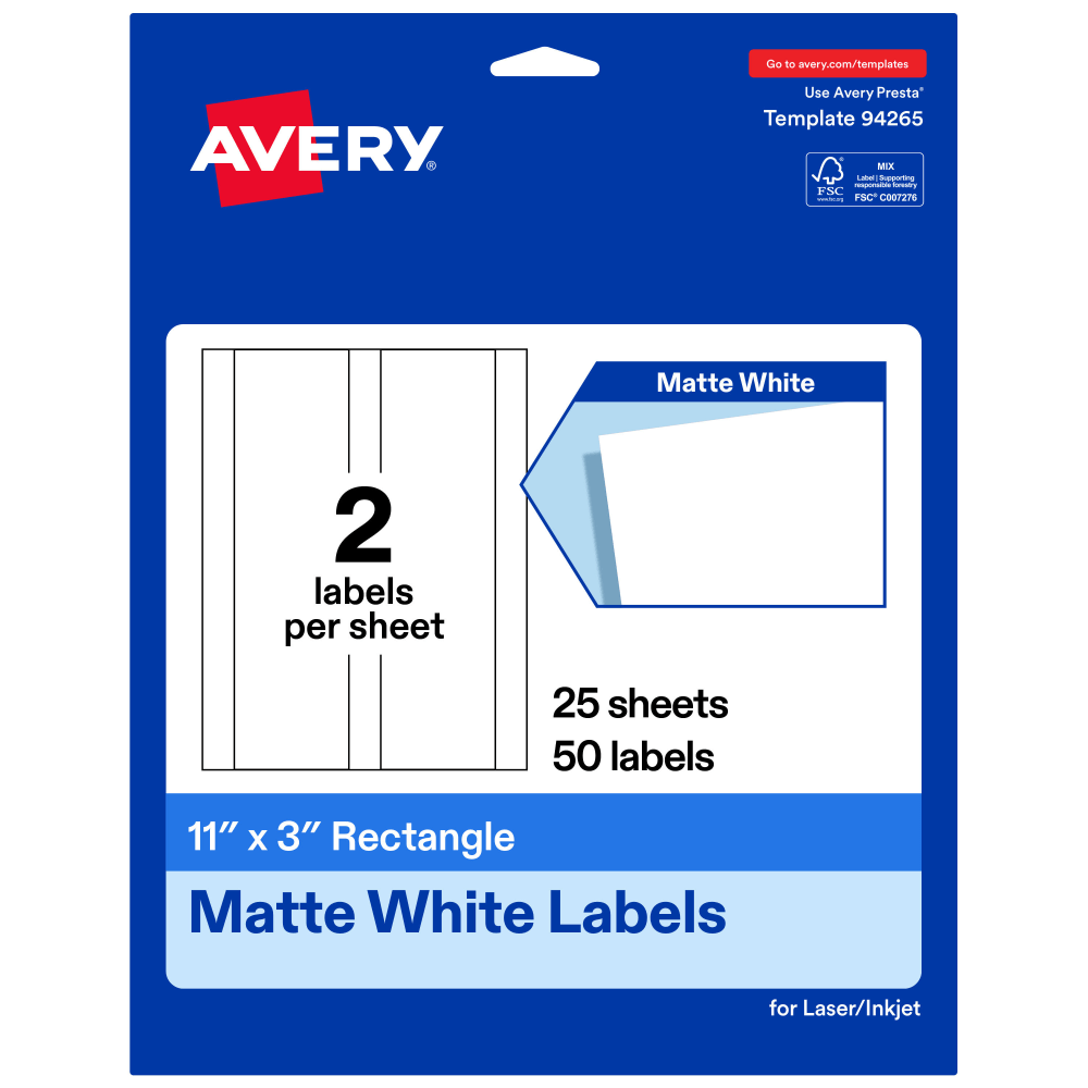Avery Permanent Labels, 94265-WMP25, Rectangle, 11in x 3in, White, Pack Of 50