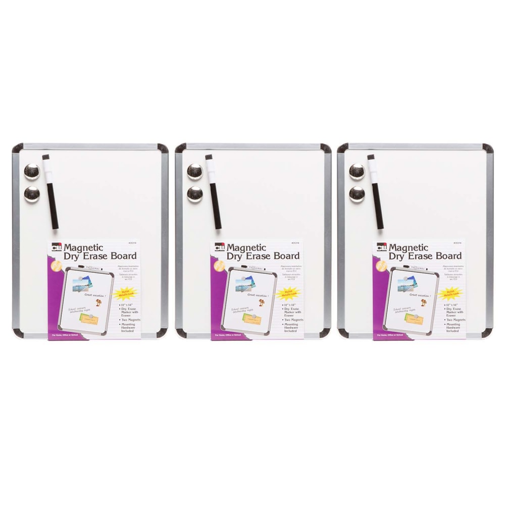 Charles Leonard Framed Magnetic Dry-Erase Boards With Markers & Magnets, 11in x 14in, Silver Frame, Pack Of 3