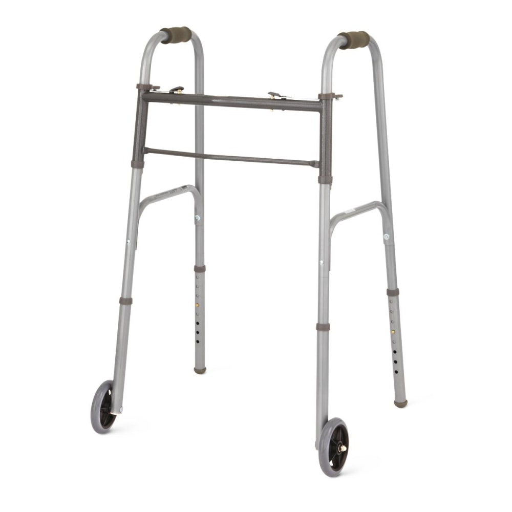 Medline Adjustable Aluminum/Steel 2-Button Folding Walker, 25in-32in, With 5in Wheels