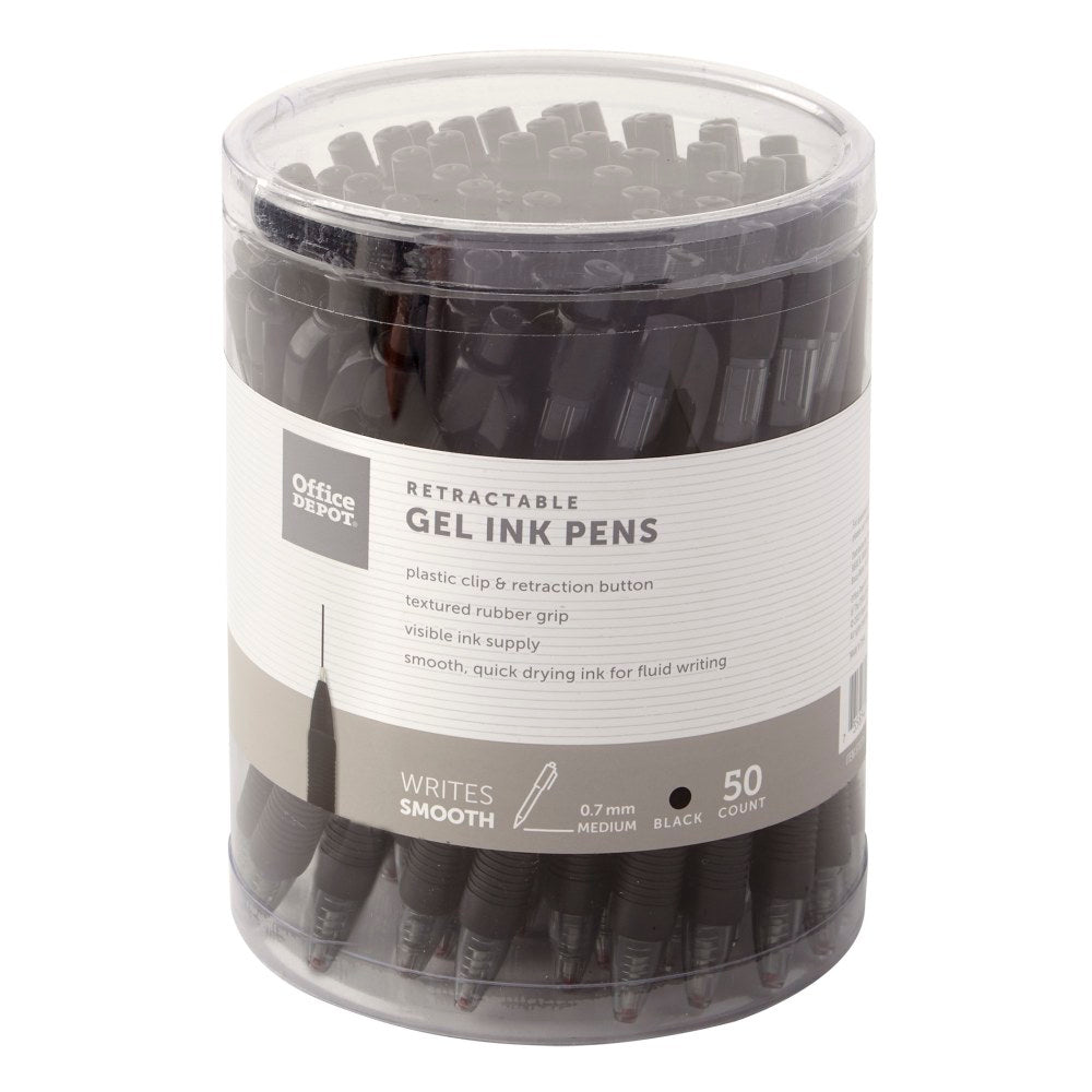 Office Depot Brand Callisto Retractable Gel Ink Pens, Medium Point, 0.7 mm, Black Barrels, Black Ink, Pack Of 50 Pens