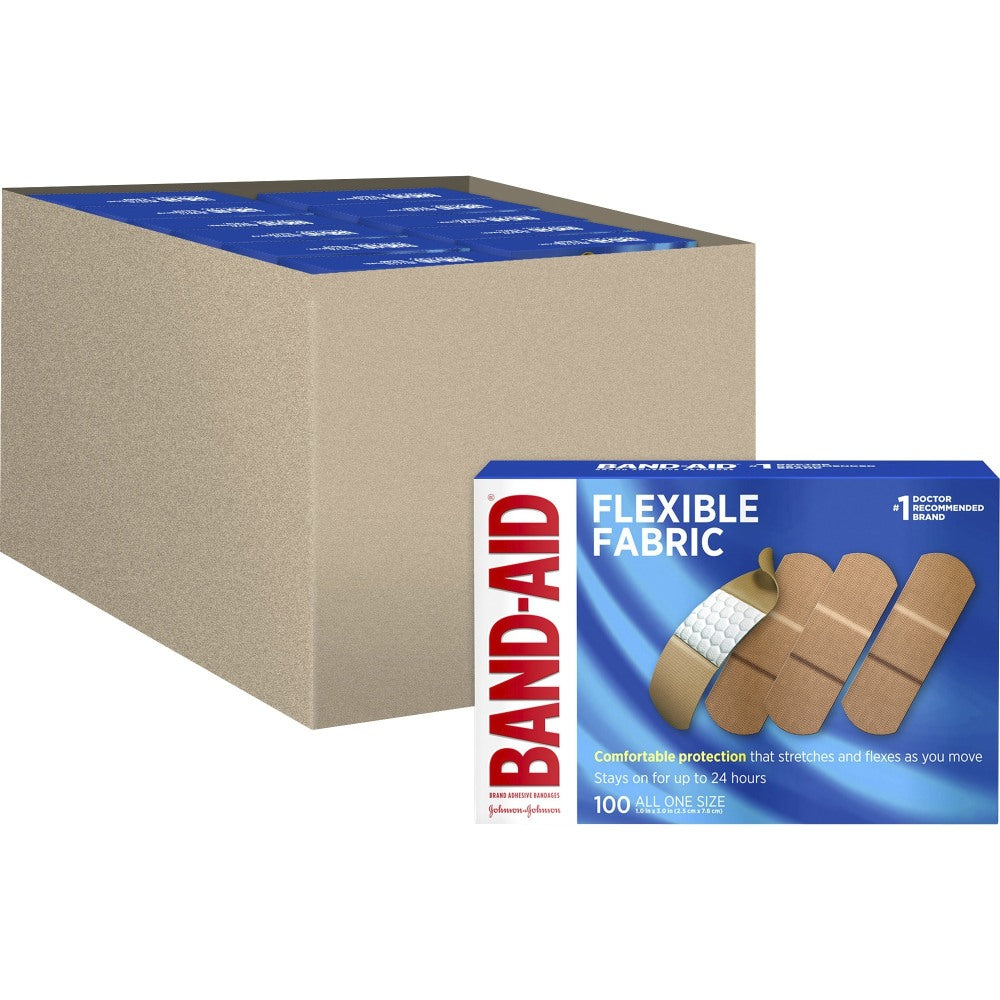 Band-Aid Flexible Fabric Adhesive Bandage, 1in, Beige, 100/Box, Case Of 12 Boxes