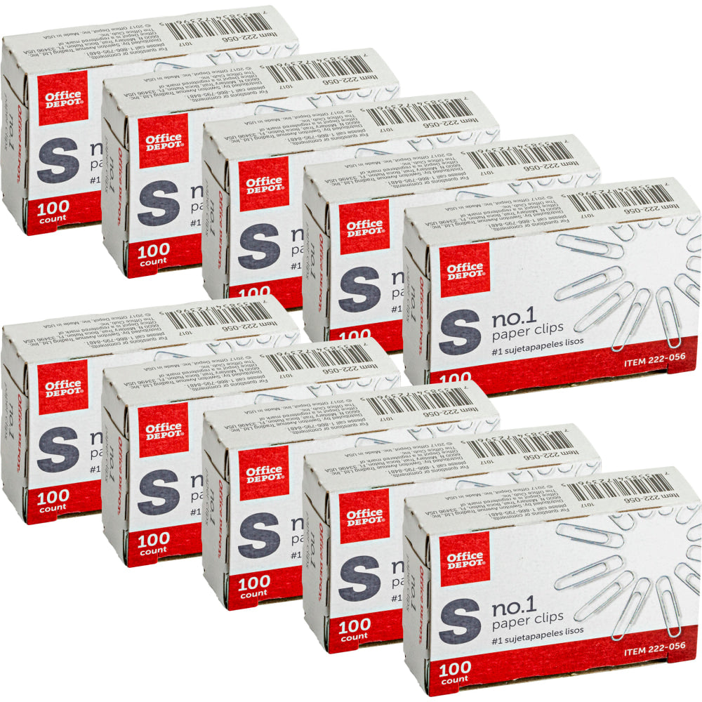 Office Depot Brand Paper Clips, No. 1, Small, Silver, Pack Of 10 Boxes, 100 Per Box, 1,000 Total