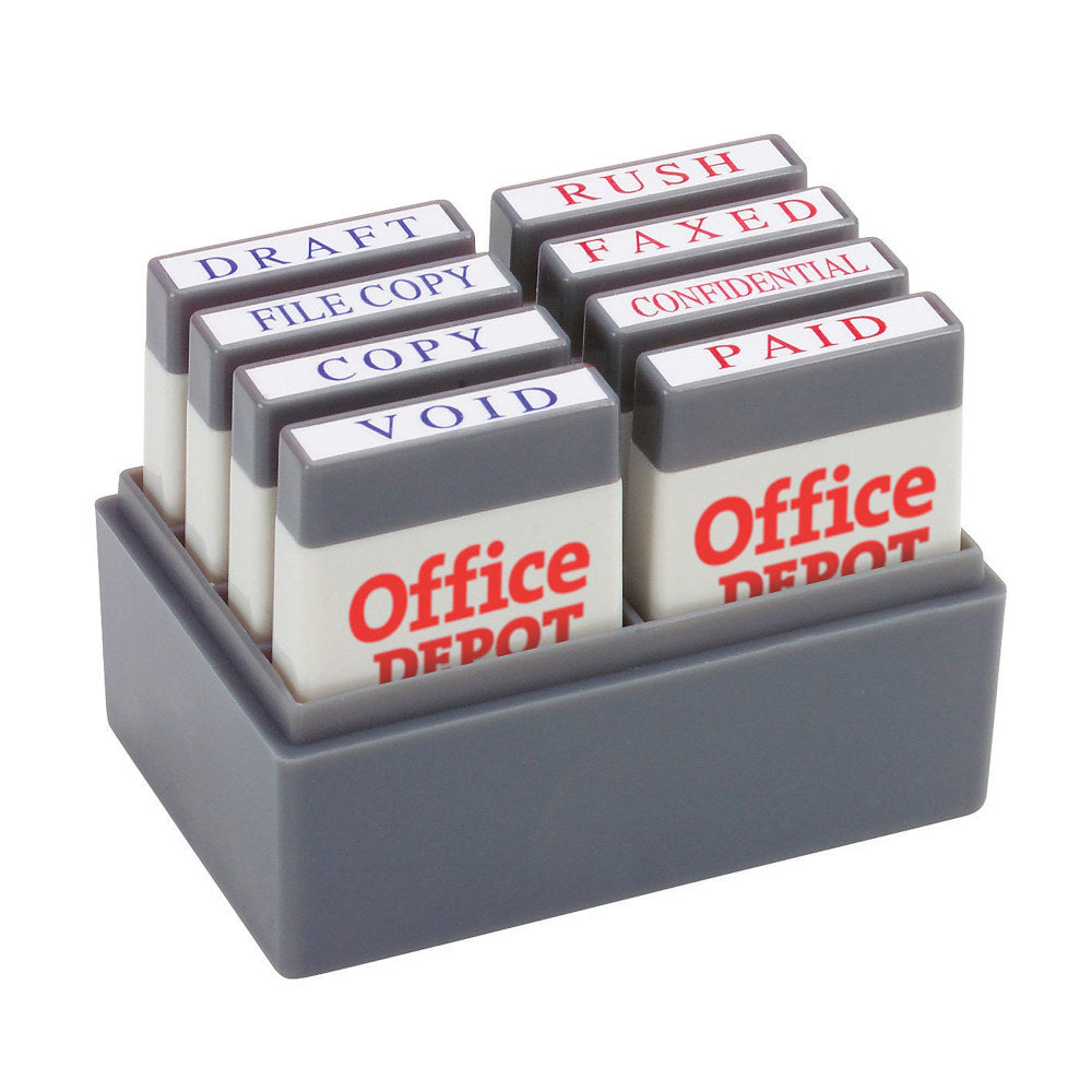 Office Depot Brand Mini Message Stamp Kit, 1in x 1/4in Impression, Blue/Red Ink