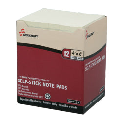 SKILCRAFT Self-Stick Notes, 4in x 6in, Yellow, 100 Sheets, 12 Pads