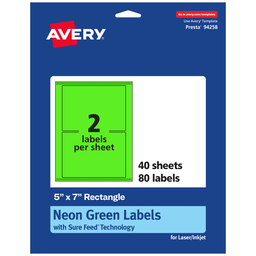 Avery Printable Labels With Sure Feed Technology, 94258-NGP40, Rectangle, 5in x 7in, Matte Neon Green, Pack of 80