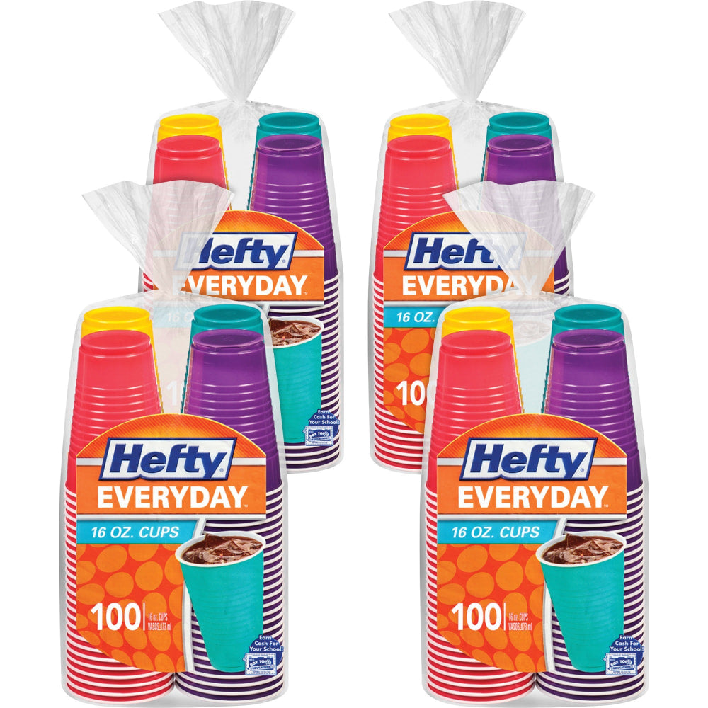 Hefty Everyday 16 oz Disposable Party Cups - 16 fl oz - Yellow, Purple, Red, Teal, Assorted Bright - Plastic - Cold Drink, Party - 100 Pack - 4/Carton