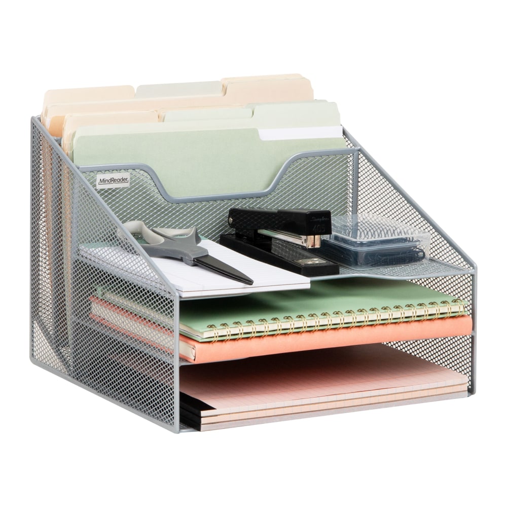 Mind Reader Desktop Vertical Paper Tray Organizer, 9-1/2in H x 11-1/2in W x 12-1/2in D, Silver