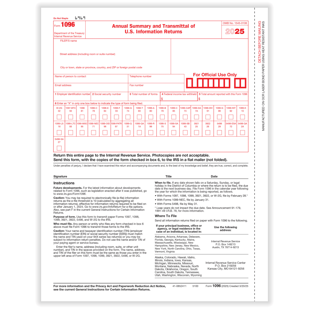 ComplyRight 1096 Transmittal Tax Forms, 1-Part, 8-1/2in x 11in, Pack Of 50 Forms, 51005025