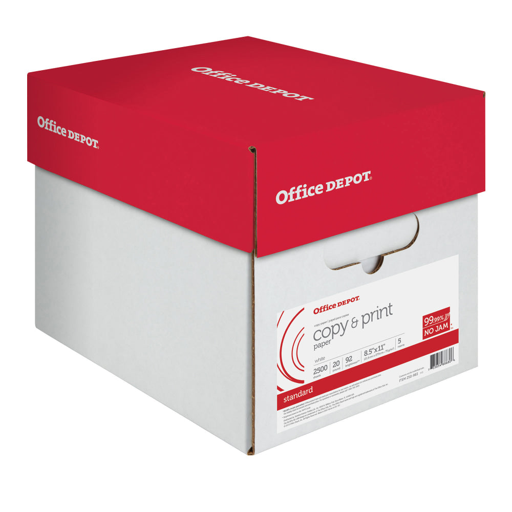 Office Depot Multi-Use Printer & Copy Paper, 5 Reams, White, Letter (8.5in x 11in), 2500 Sheets Per Case, 20 Lb, 92 Brightness, 851201CS