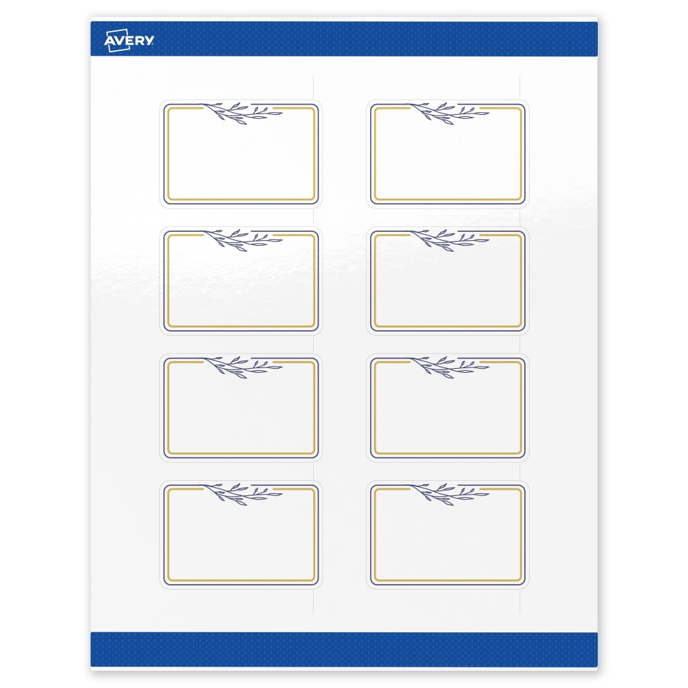 Avery Print-To-The-Edge Labels & Sure Feed, S00-DNE-PRWGP10, 2inx3in, Glossy White, Preprinted Gold & Navy Border & Floral Design, Pack Of 80