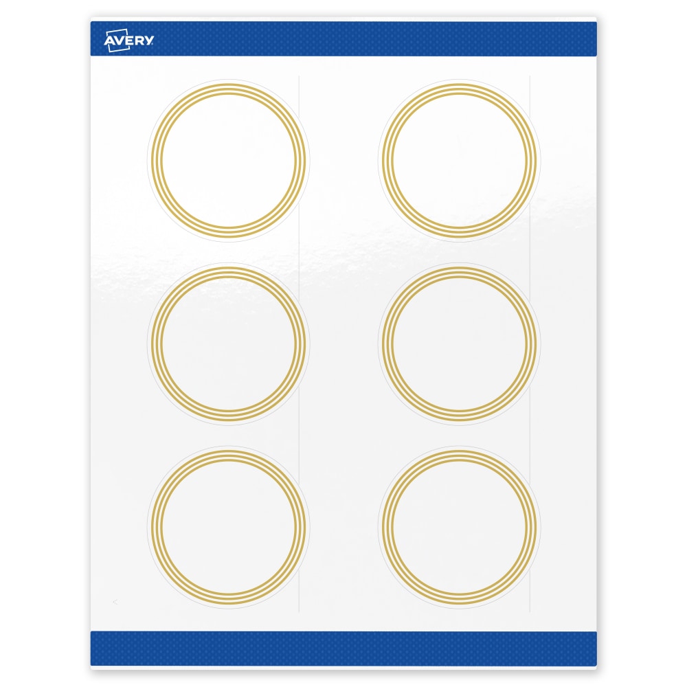 Avery Print-To-The-Edge Labels & Sure Feed, S00-DHH-PRWGP10, 3in Round, Glossy White, Preprinted Multi-Lined Gold Border Design, Pack Of 60