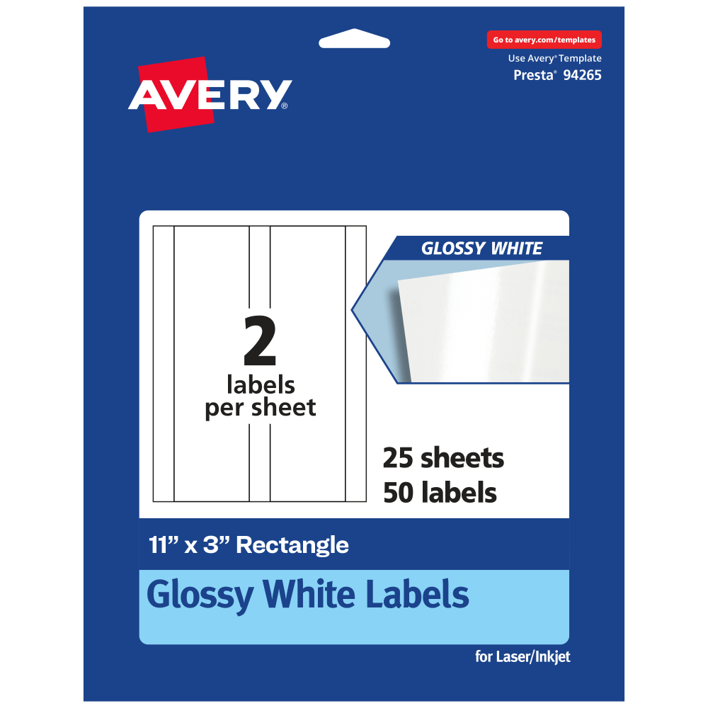 Avery Glossy Permanent Labels, 94265-WGP25, Rectangle, 11in x 3in, White, Pack Of 50