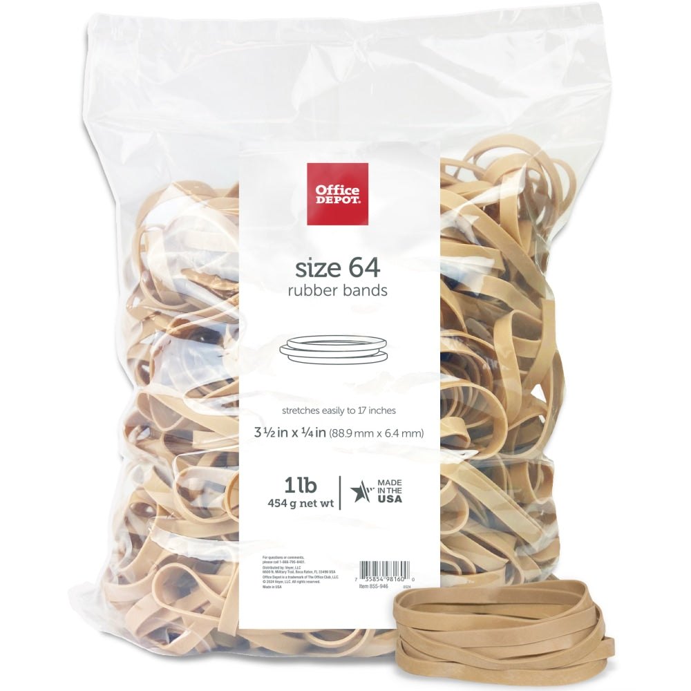 Office Depot Brand Rubber Bands, #64, 3-1/2in x 1/4in, Crepe, 1-Lb Bag, Approx 425 Per Bag