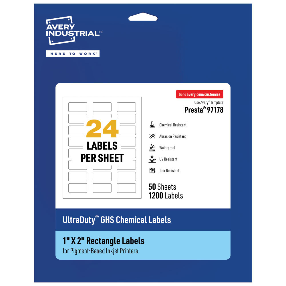Avery Ultra Duty Permanent GHS Chemical Labels, 97178-WMUI50, Rectangle, 1in x 2in, White, Pack Of 1,200