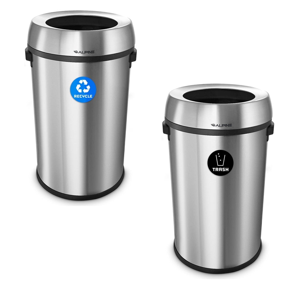 Alpine Industries Stainless Steel Open Top Recycling Bin And Trash Receptacles, 17 Gallons, Silver, Pack Of 2 Receptacles