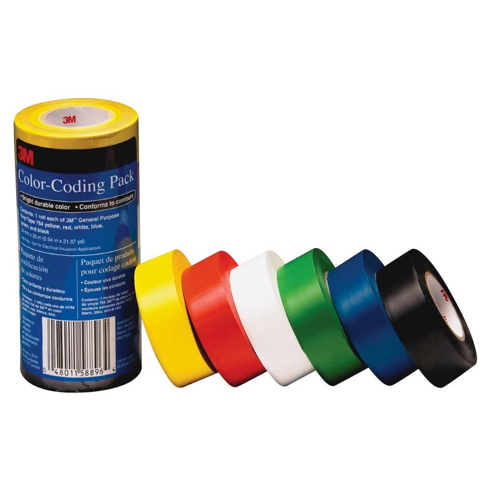 3M Vinyl Tape 764 Color-coding Pack - 21.87 yd x 0.94inx 5 mil Thickness - Multicolor - Rubber - 4 mil - Polyvinyl Chloride (PVC) Backing - 6 / Pack