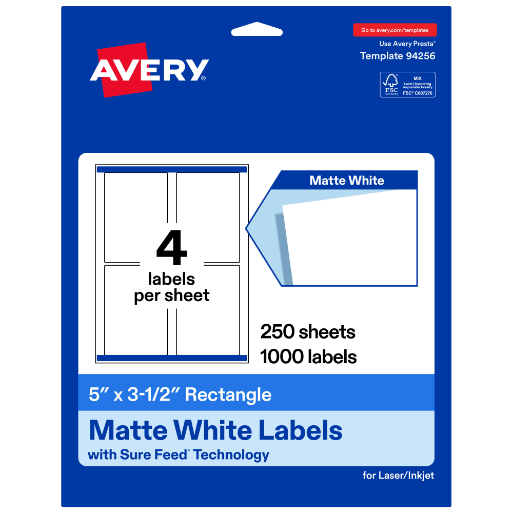 Avery Permanent Labels With Sure Feed, 94256-WMP250, Rectangle, 5in x 3-1/2in, White, Pack Of 1,000