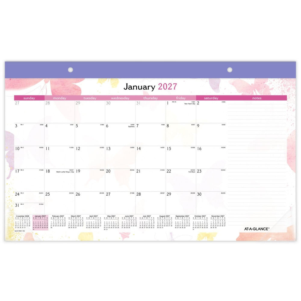 AT-A-GLANCE Watercolors 2027 Monthly Desk Pad Calendar, Compact, 17 3/4in x 11in