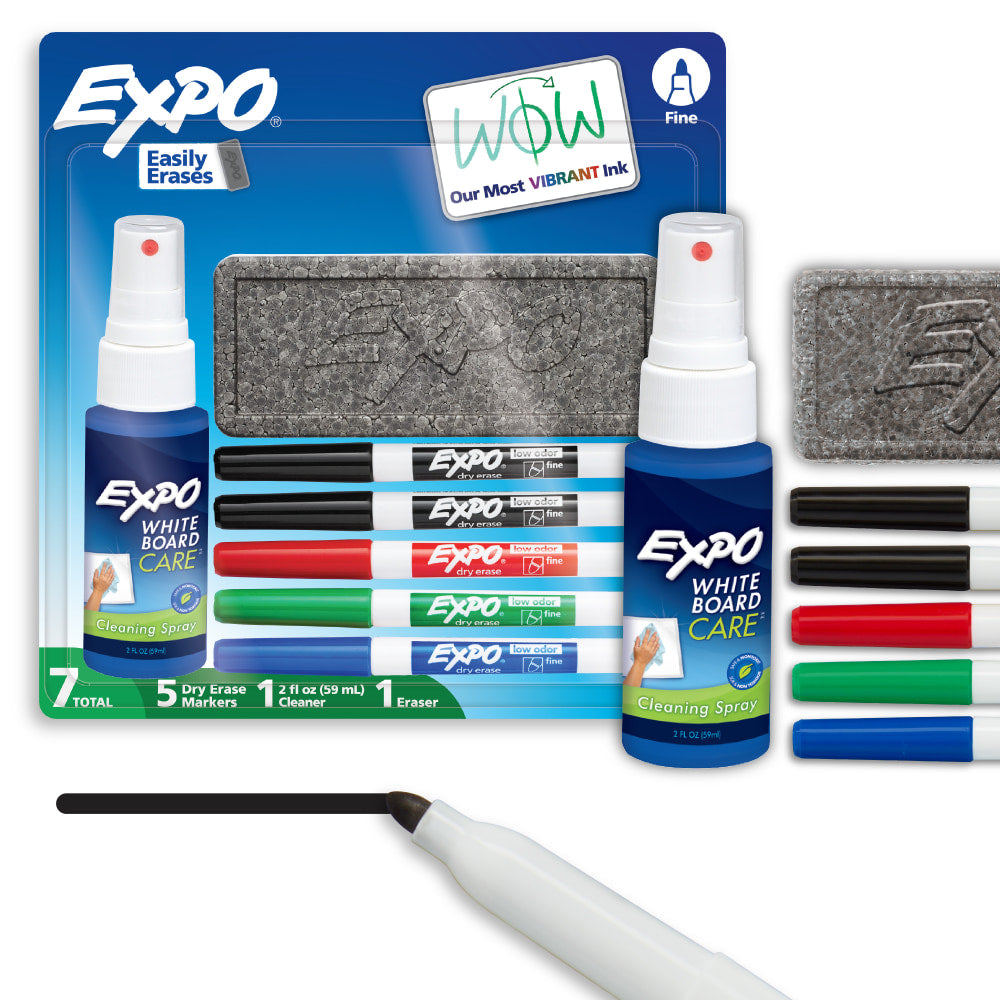 EXPO Low-Odor Dry-Erase Starter Kit, Fine-Point, 5 Markers, Black (2), Red, Blue, Green