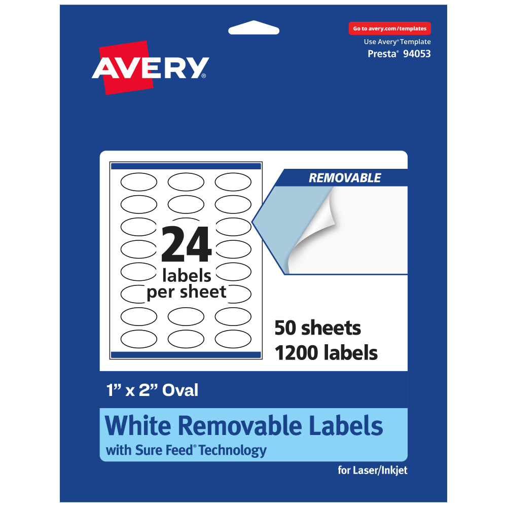 Avery Removable Labels With Sure Feed, 94053-RMP50, Oval, 1in x 2in, White, Pack Of 1,200 Labels