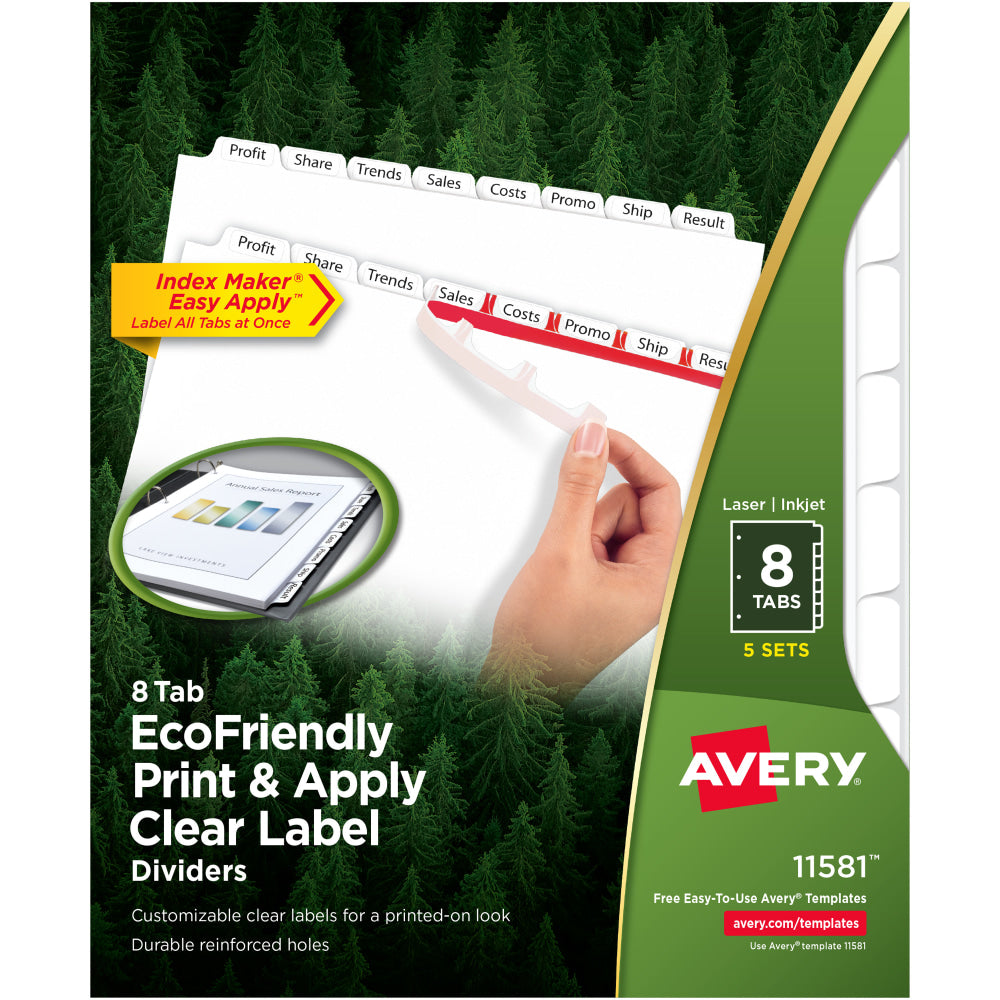 Avery EcoFriendly Index Maker Clear Label Dividers, 8 1/2in x 11in, White, 8 Tabs Per Set, 5 Sets Per Pack