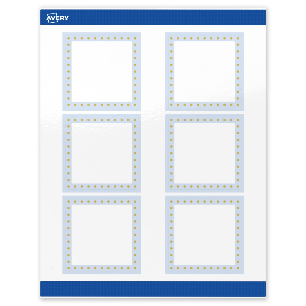 Avery Print-To-The-Edge Labels & Sure Feed, S00-DMF-PRWGP10, 3in x 3in, Glossy White, Preprinted Blue Border & Gold Dots Design, Pack Of 60