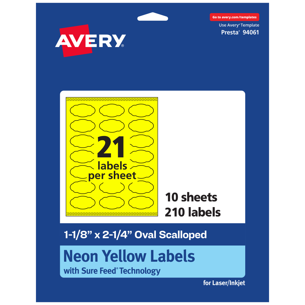 Avery Print-To-The-Edge Labels With Sure Feed Technology And Easy Peel, 94061-NYP10, Oval Scalloped, 1-1/8inx2-1/4in, Matte Neon Yellow, Pack of 210